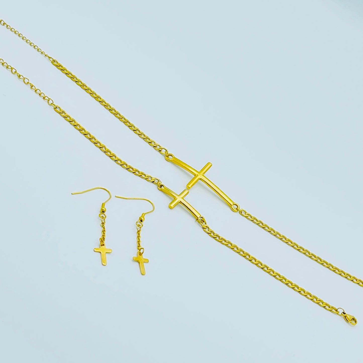 Gold Cuban Link Cross Jewellery Set