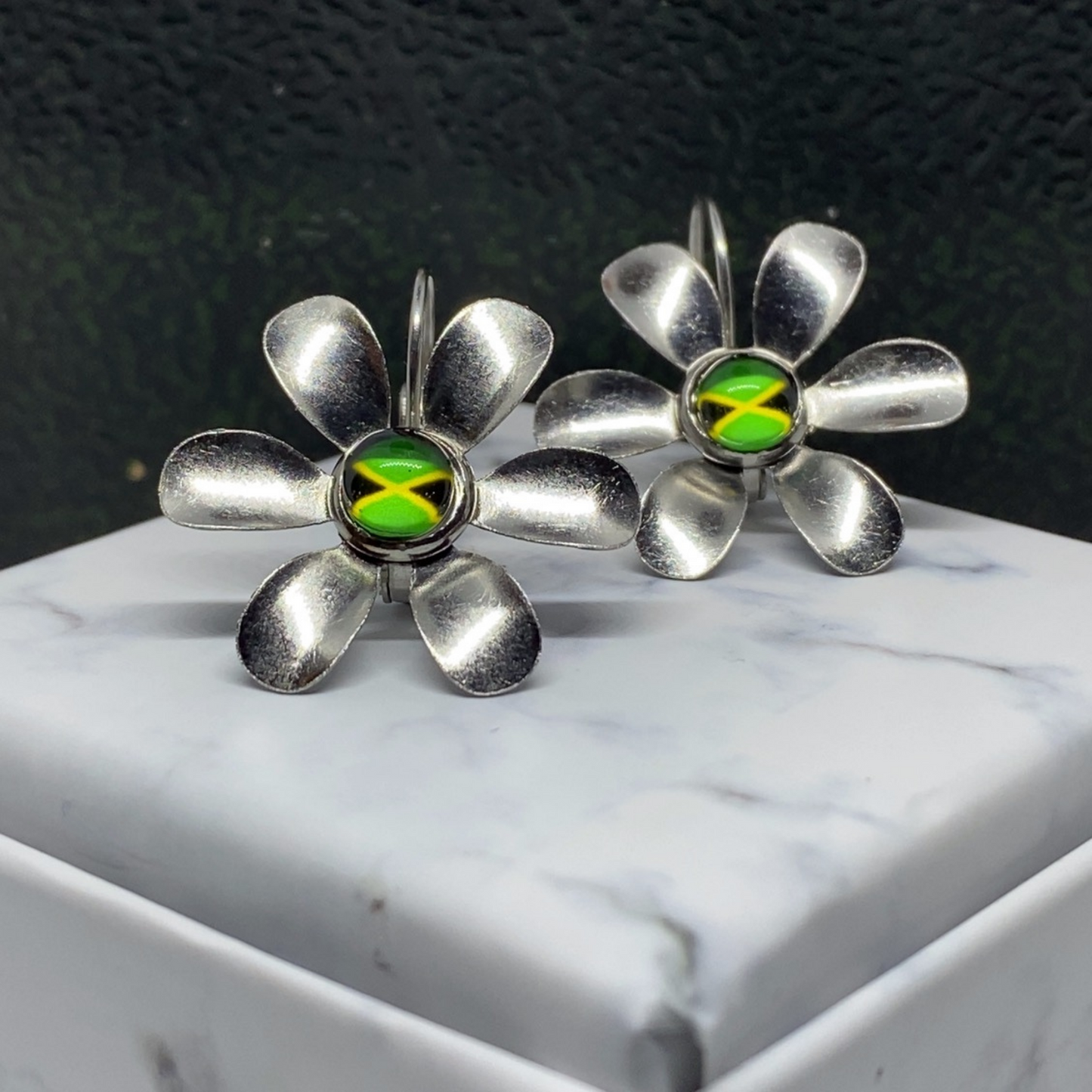 Silver Jamaica Flag Drop Earrings