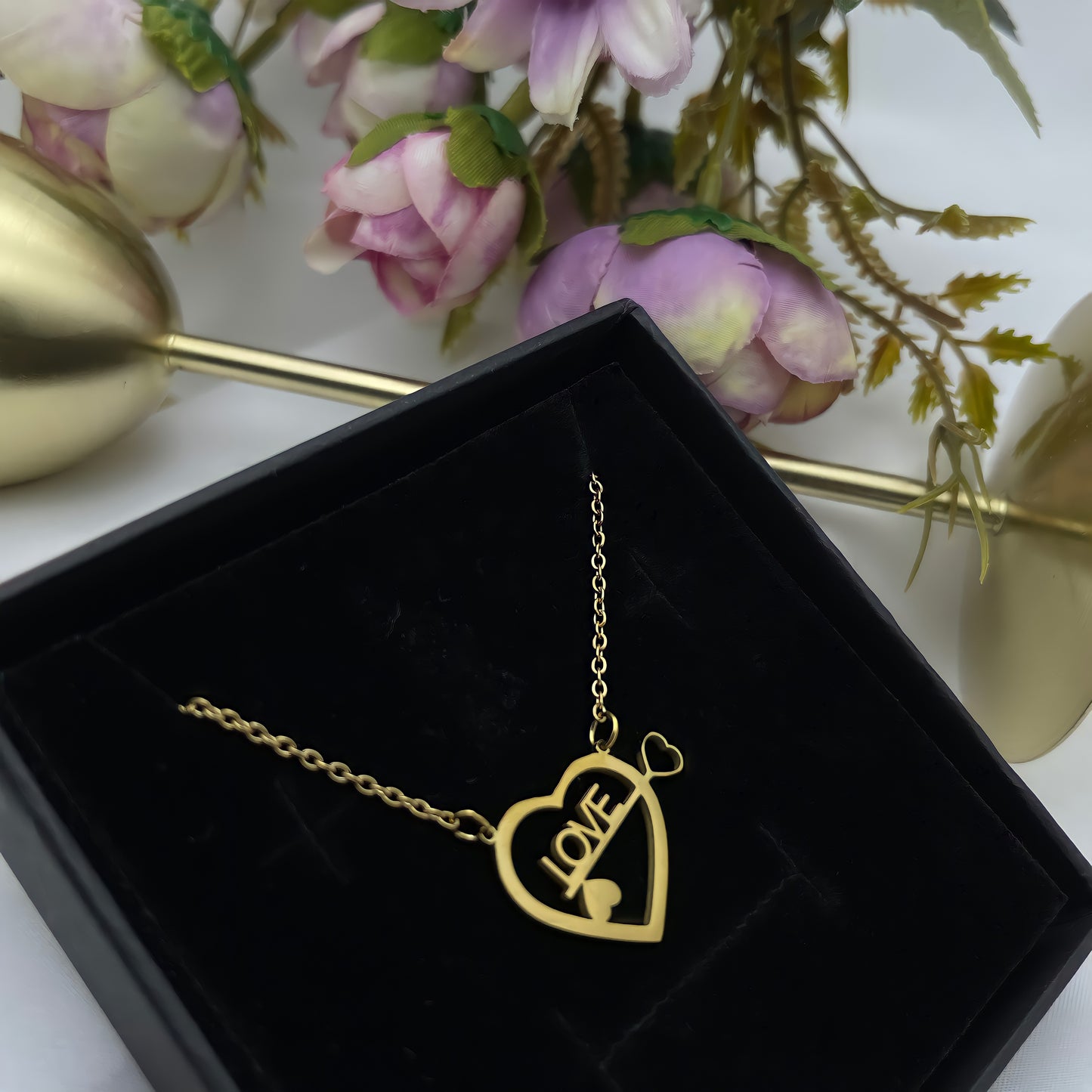 love heart key gold necklace