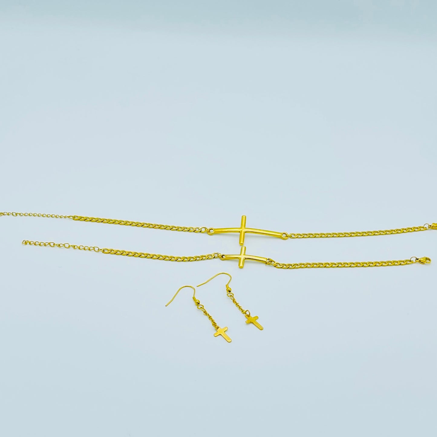 Gold Cuban Link Cross Jewellery Set