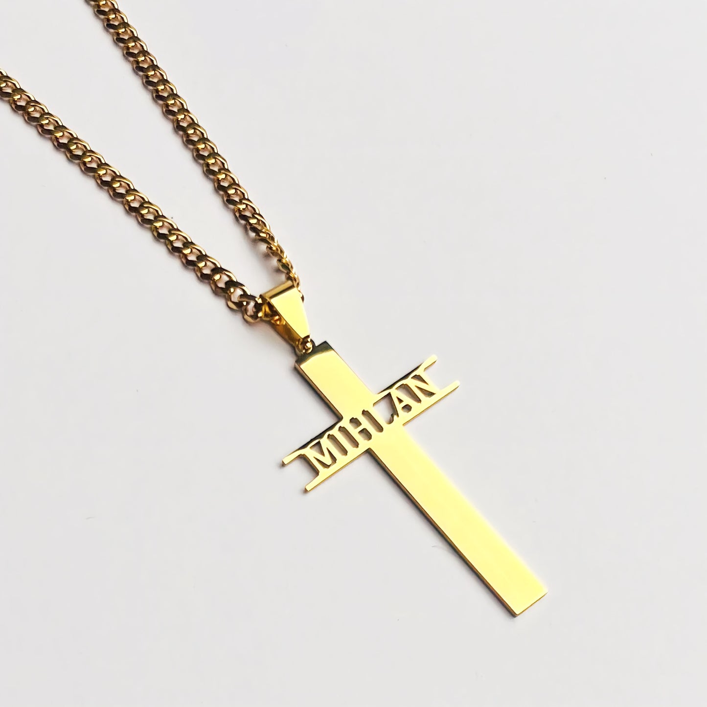 Gold Cuban Link Custom Name Cross Pendant Necklace