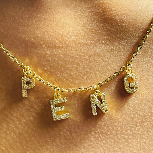 Gold Peng Crystal Dangling Letters Necklace