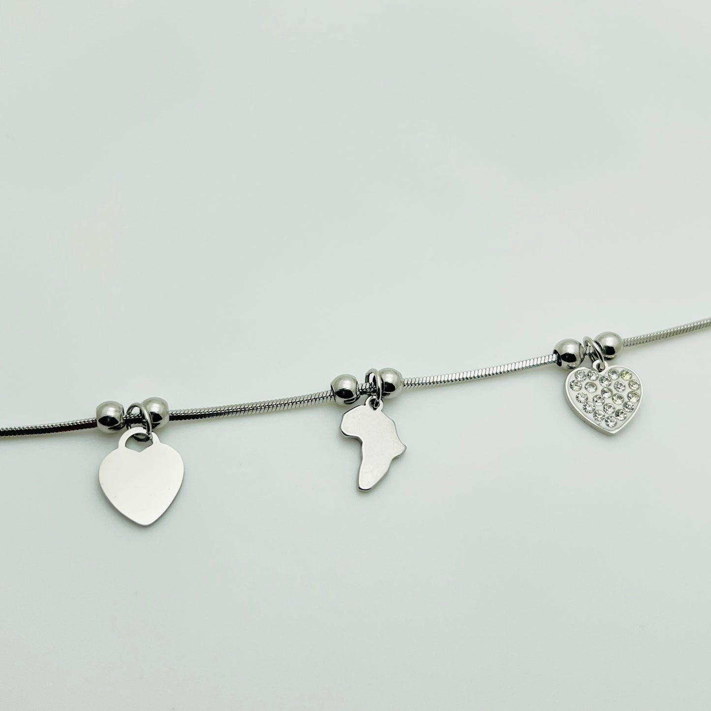 Silver Crystal Heart Map of Africa Charm Bracelet